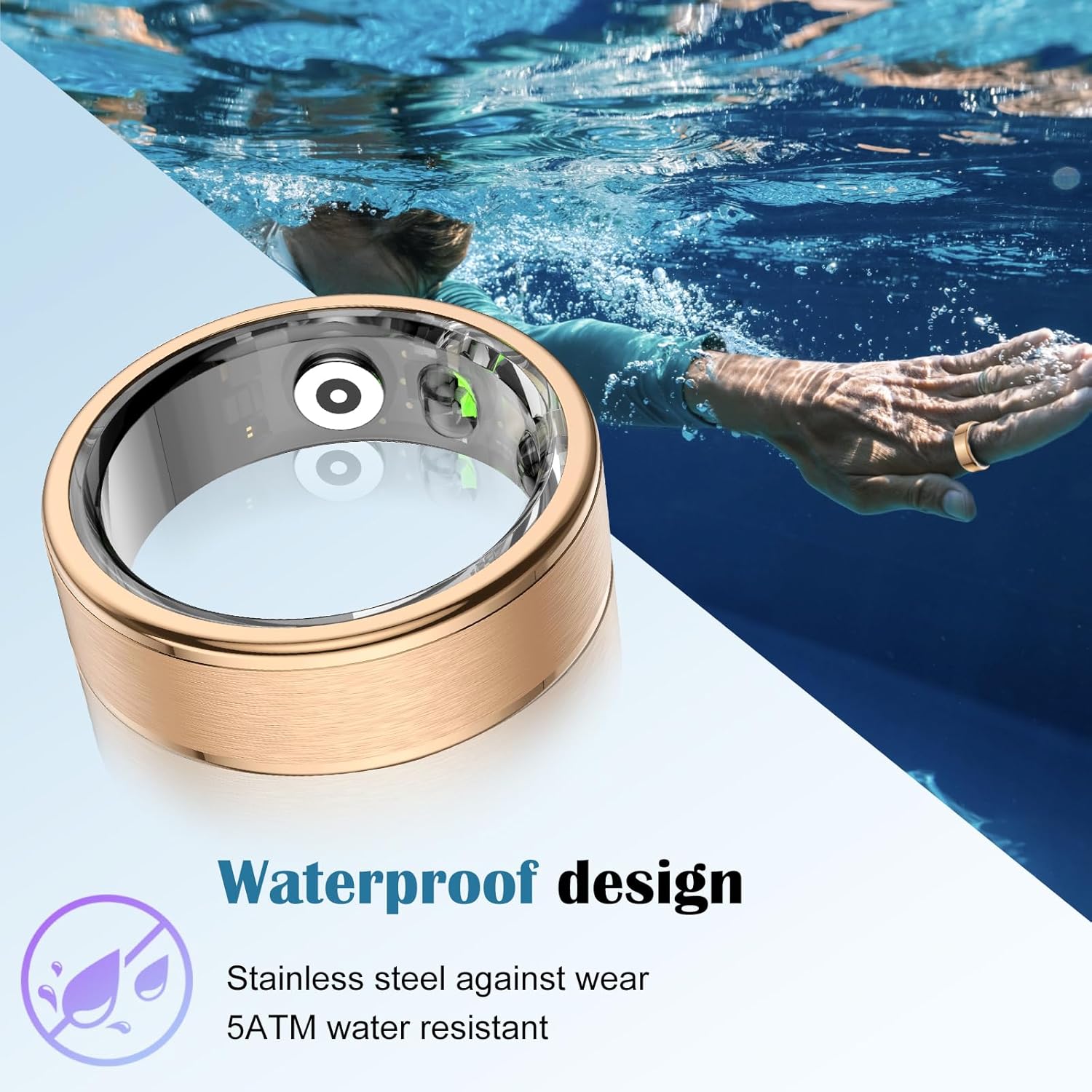 Smart Ring with Sleep Monitor for Women Men,Fitness Tracker with Heart Rate,Blood Oxygen,Steps,IP68 Waterproof Smart Rings,5-7 Days Battery Life for iOS Android,No App Fee（Gold,11）