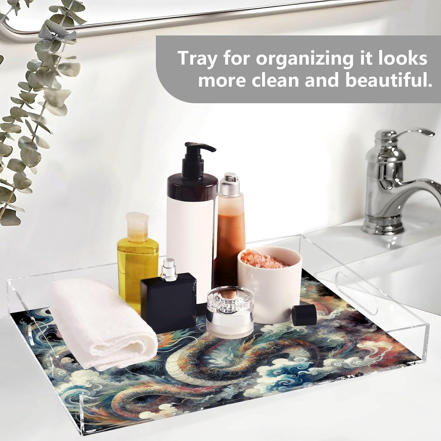 Japanese Dragon Painting Serving Tray, Clear Acrylic Decorative Tray - Sturdy Huge Capacity Serving Platters for Kitchen Countertop, Vanity Table 12"x16"