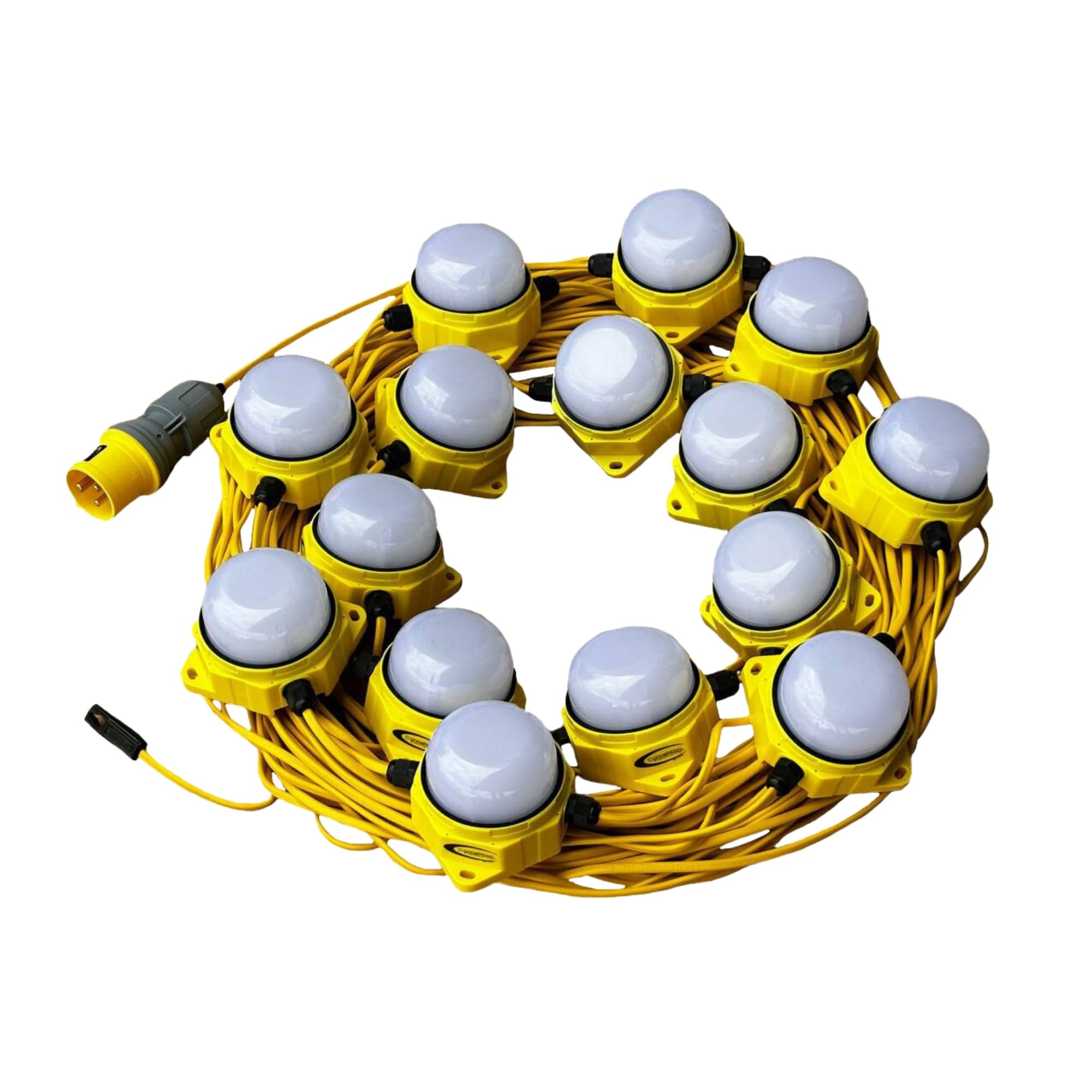 Connexion 110V LED Festoon Lighting Kit - 50M, Cable, 120W, 6400K, 14400 Lumens - Job Site & Worksite Light, IP65 Waterproof, 16 Amp Plug, Hanging Hooks, Linkable Design