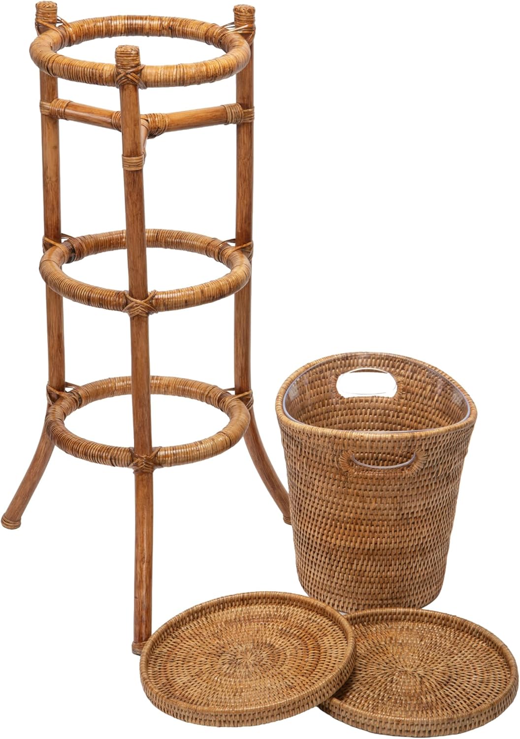 KOUBOO La Jolla Champagne Ice Bucket with Stand, Acrylic Beverage Chiller in Basket with Rattan Stand, 1.5 Gallon Capacity, with Base Tray