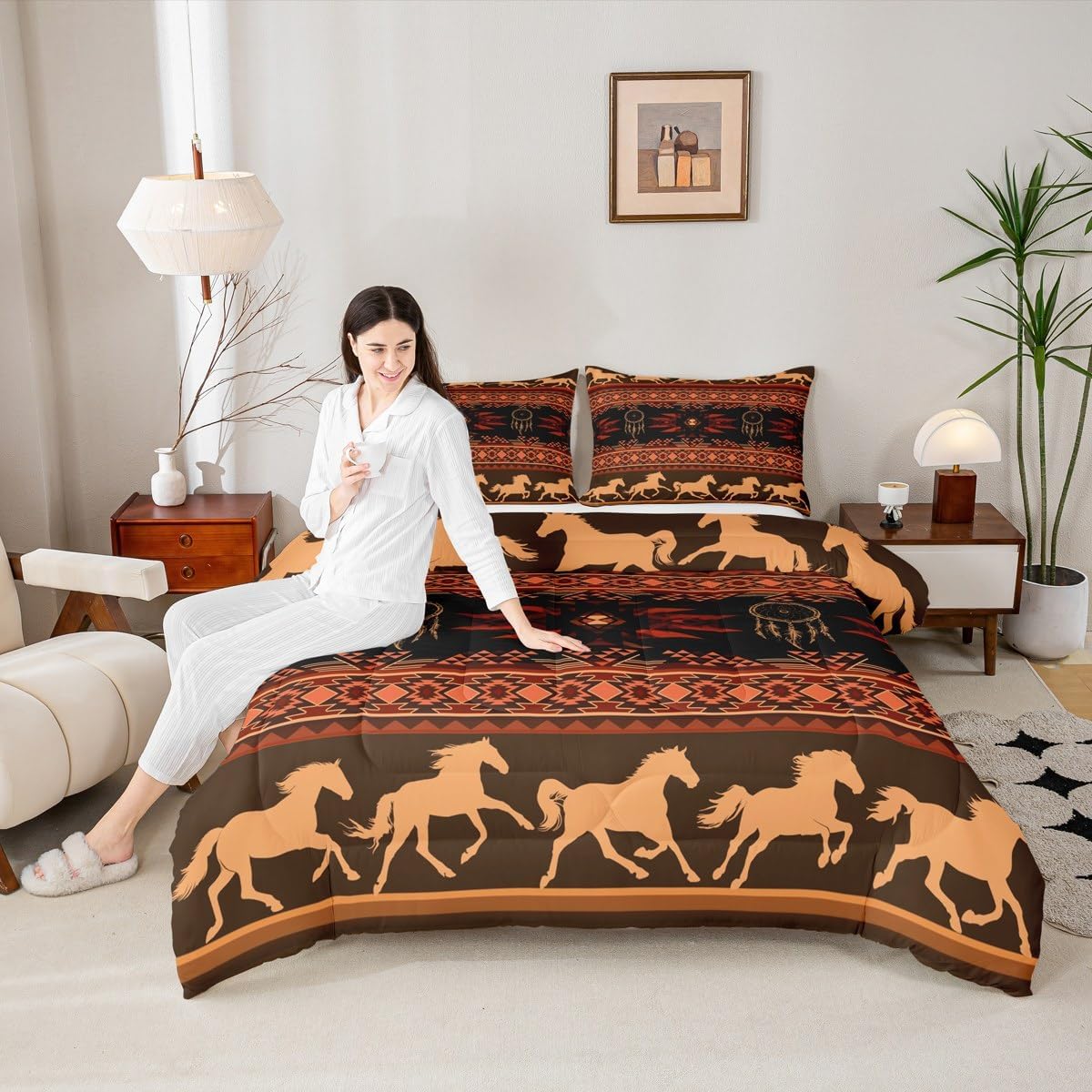 Feelyou Boho Bedding Set Toddler Size Southwestern Native Aztec Comforter Cover for Boys Girls Teens Southwest Native American Design Duvet Cover Brown Orange Breathable Soft Lightweight Microfiber