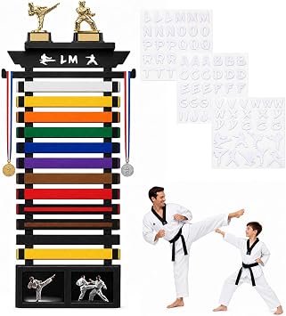 Karate Belt Display Rack with Trophy Shelf 2 Picture Frames & Medal Hanger