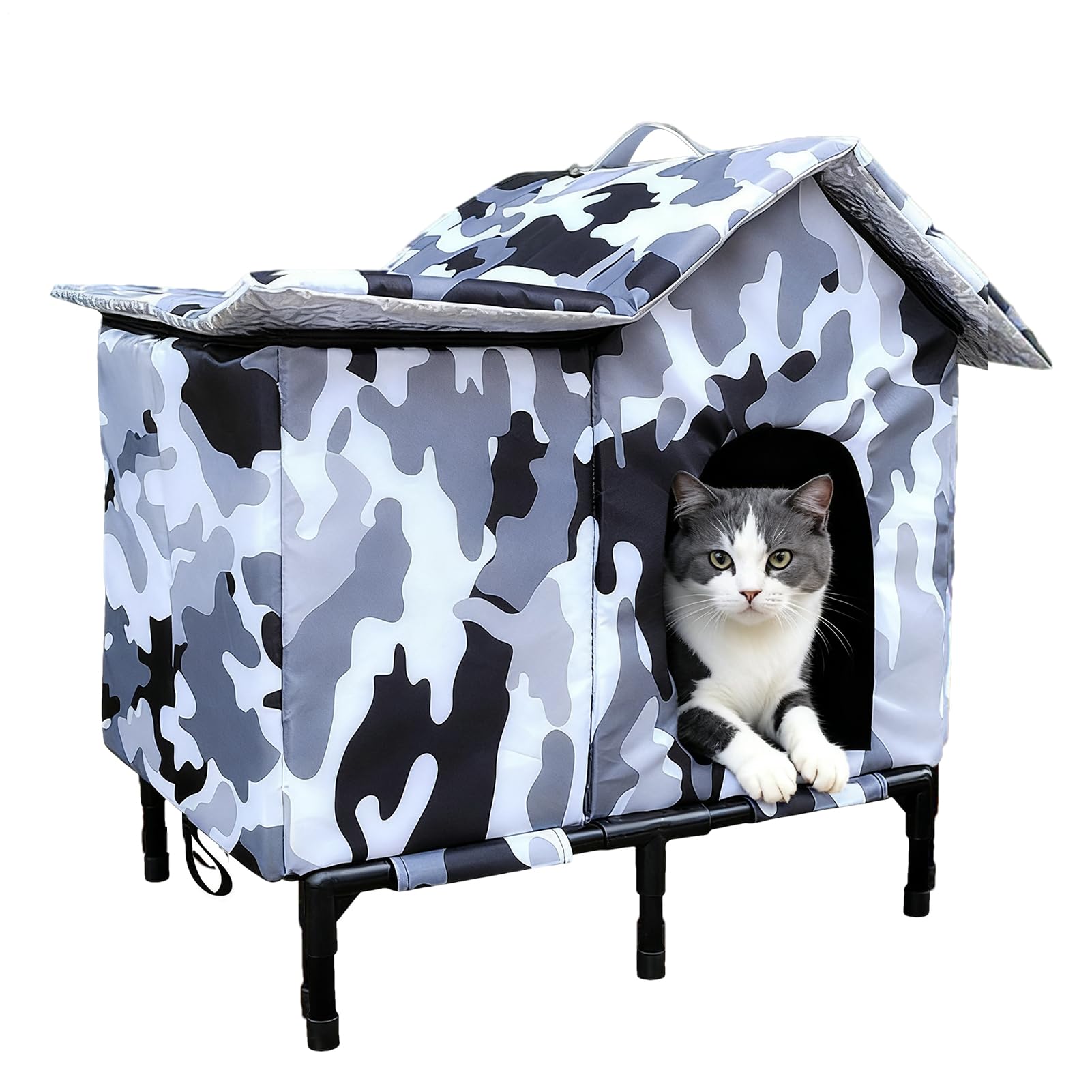 Insulated Outdoor Cat House Waterproof Weatherproof Oxford Cloth Feral Cat Shelter for Winter with Door, Elevated Base and Cushion, Enclosed Warm Stray Cats Kennel for Patio Backyard Garden 48x33x53cm