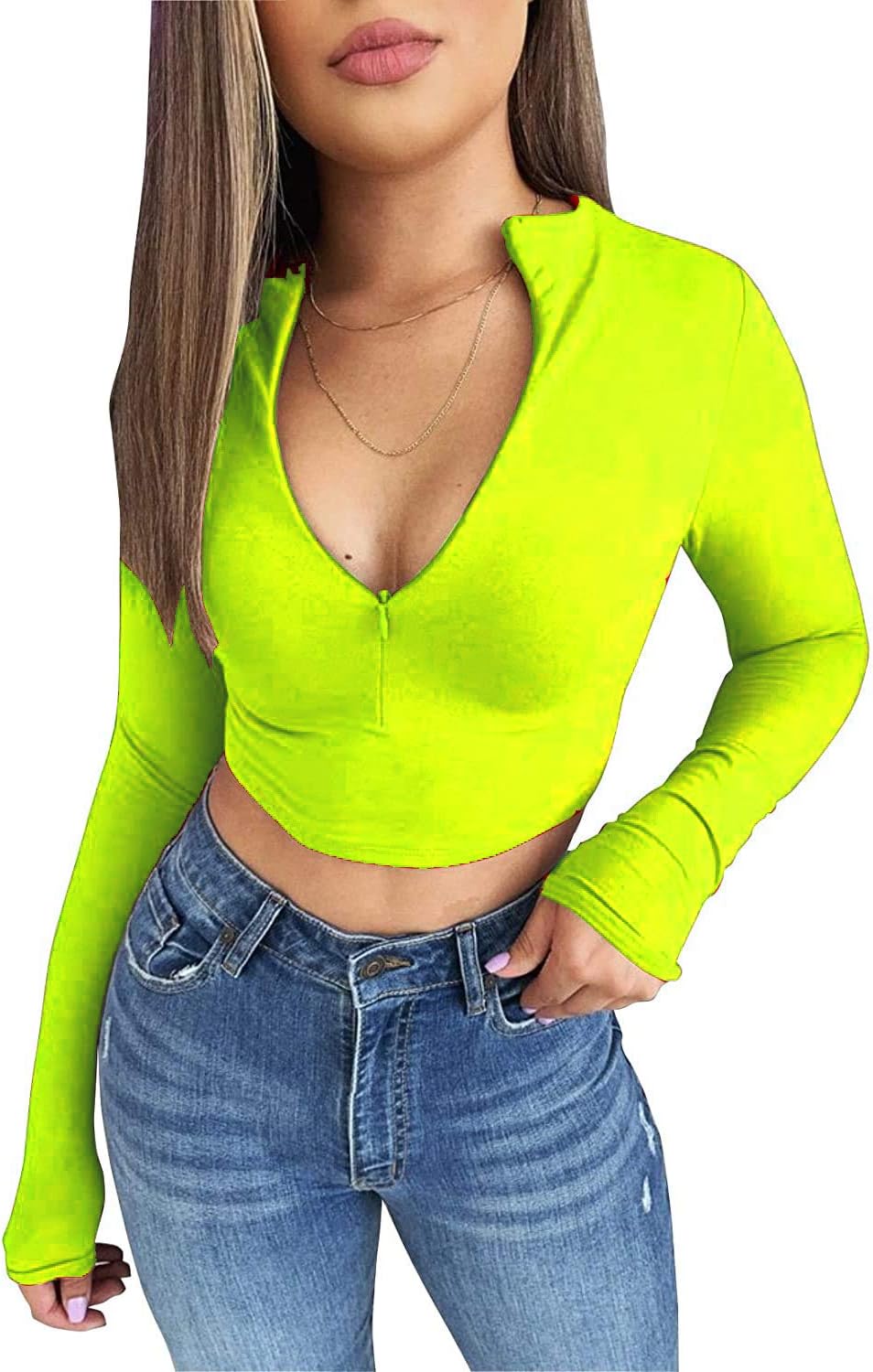 Artfish Women's Long Sleeve Quarter Zip Crop Tops Fleece Lined V Neck Fitted Sexy Cropped Shirts - Image 3