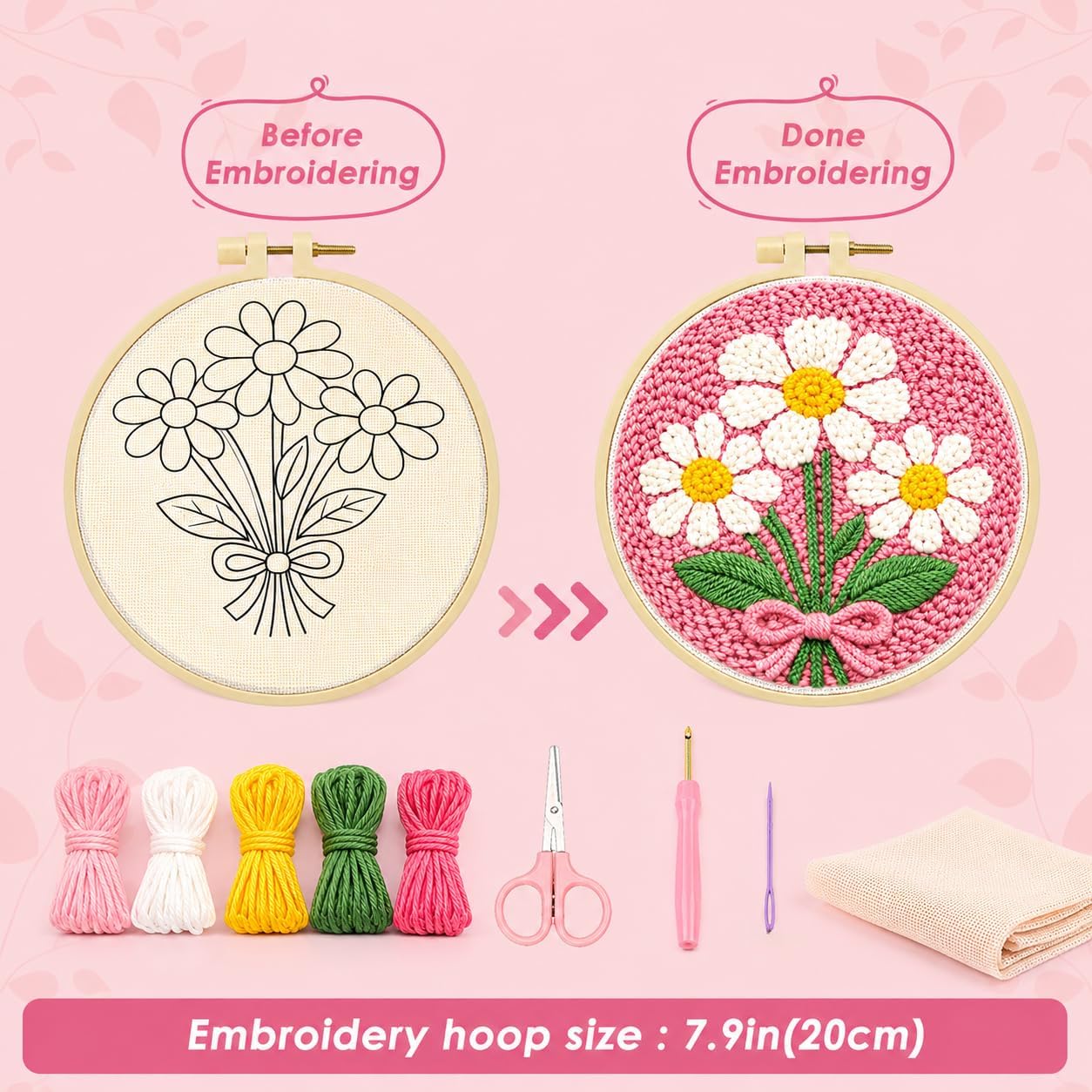 ZMYORAH Punch Needle Kit for Beginners, Pink Daisy Flower Punch Embroidery Craft Kit for Adults, DIY Punch Needle Starter Set with Printed Fabric & Hoop, Easy Handmade Wall Decor Craft Gift 20x20cm