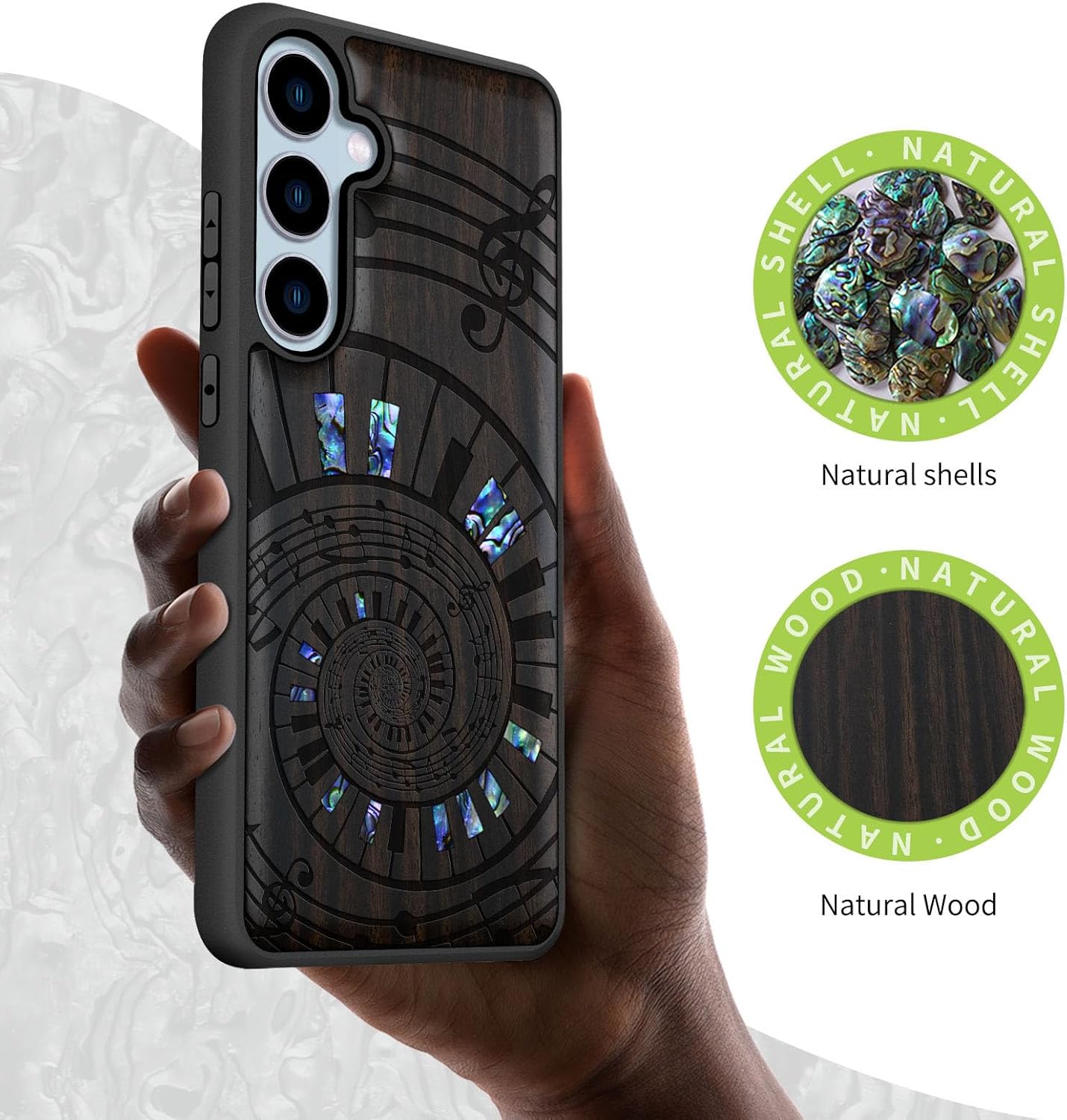 Carveit Designer Wooden Case for Samsung Galaxy S24 FE Case [Wood Engraving & Shell Inlay] Compatible with Wireless Chargers S24 FE Cover (A Spiral Symphony-Blackwood)