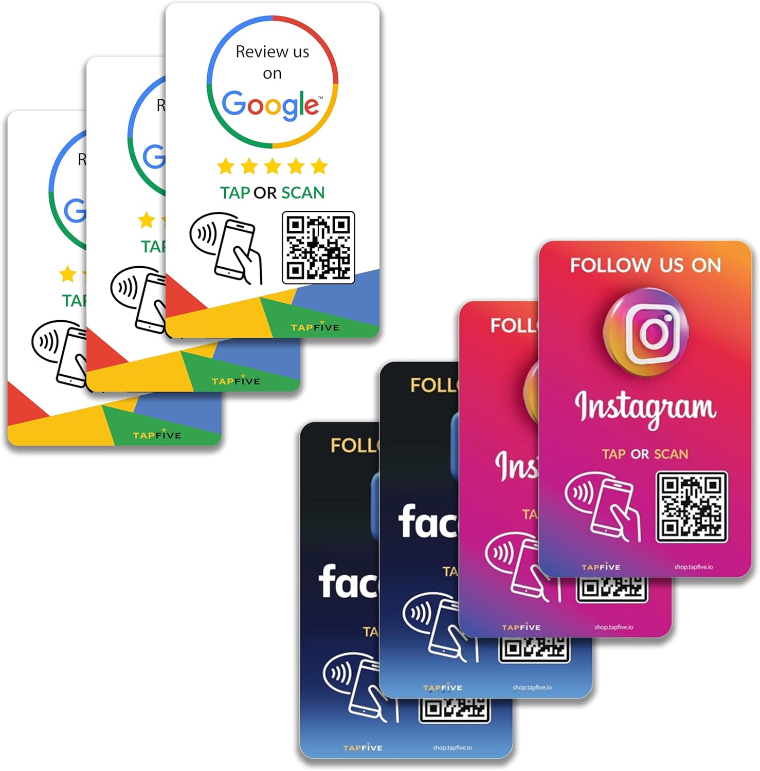 TapFive Google Review Tap Cards + Follow Us on Instagram & Facebook - 7-Pack Social Pack - Tap for Instant Reviews & Followers - All Phones Compatible - Reusable NFC & QR
