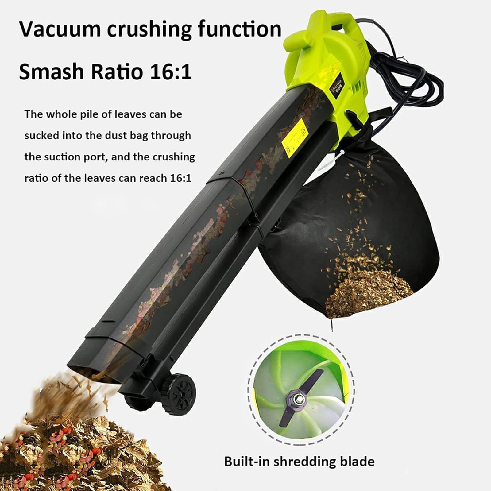 FfiMe Moderno Soplador y Aspirador de Hojas, Soplador de 3000W con Bolsa Recolectora de 40L, Cable de 5m, Ruedas y Correas para Quitar Hojas, Escombros y Desechos de Jardines, Patios