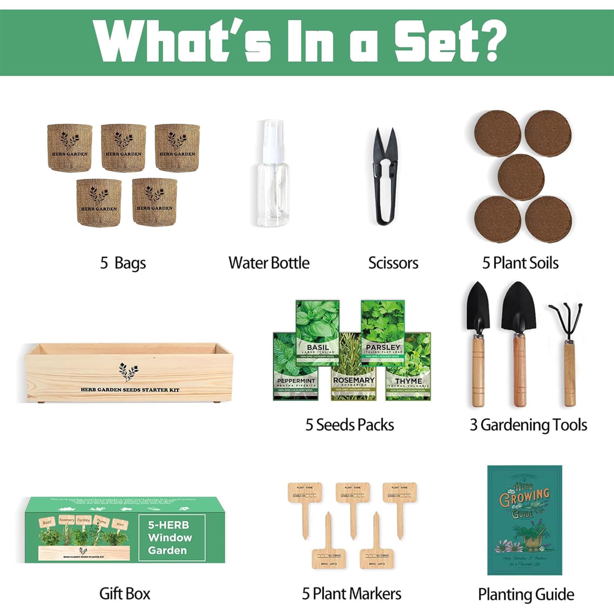 Kit de iniciación de jardín de hierbas para interiores, 5 semillas que crecen en albahaca, perejil, romero, tomillo, menta, incluyendo una caja de madera, discos de piso y macetas con una