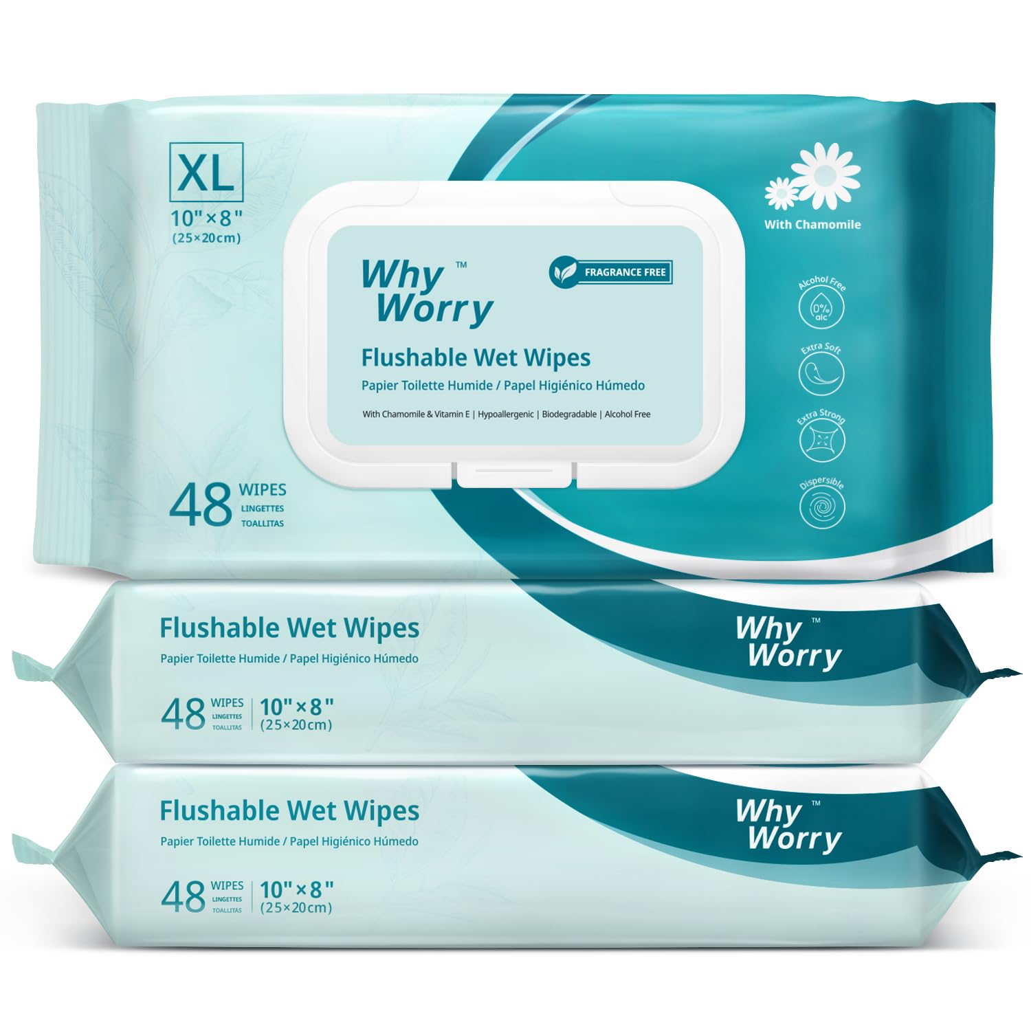 WhyWorry XL Papel Higiénico Húmedo Desechable con Manzanilla y Vitamina E por WC, Extra Grandes 20x25 cm Toallitas Húmedas para Limpieza Íntima, Biodegradable y Sin Plástico, sin Perfume, 144 Unidades
