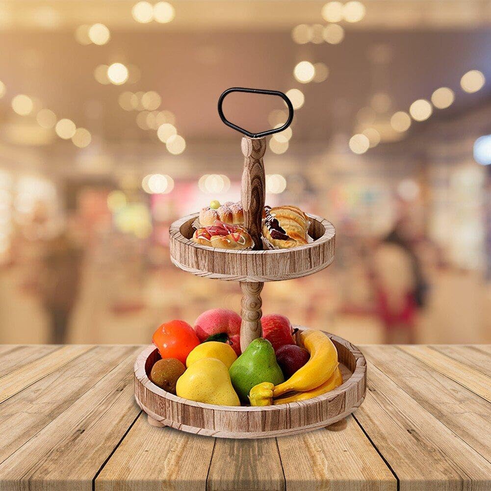 Soporte de madera para tartas de 2 niveles, bandeja redonda desmontable, elegante soporte de exhibición de repostería para postres, vitrina de panadería, perfecto para fiestas y eventos