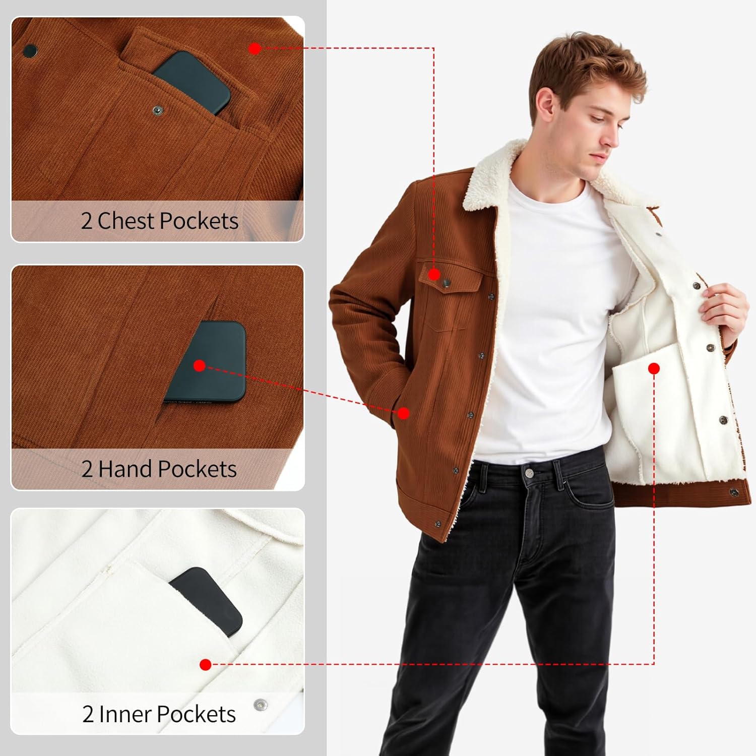 GINGTTO Mens Corduroy Jacket Fleece Lined Trucker Sherpa Winter Coat - Image 5