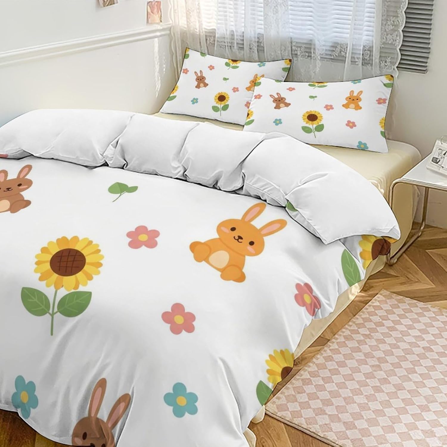 Cartoon Rabbit Sunflower Breathable Sheets and Pillowcase Set 3 Piece Hotel Wrinkle Free Sheets Durable Easy Fit Shrinkage and Fade Resistant 102"x90"