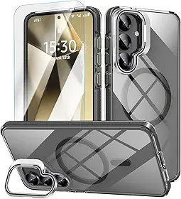 Capa compatível com Samsung Galaxy S25 Plus com suporte, capa magnética transparente à prova de choque para S 25+ 6,7" (2025) - preta