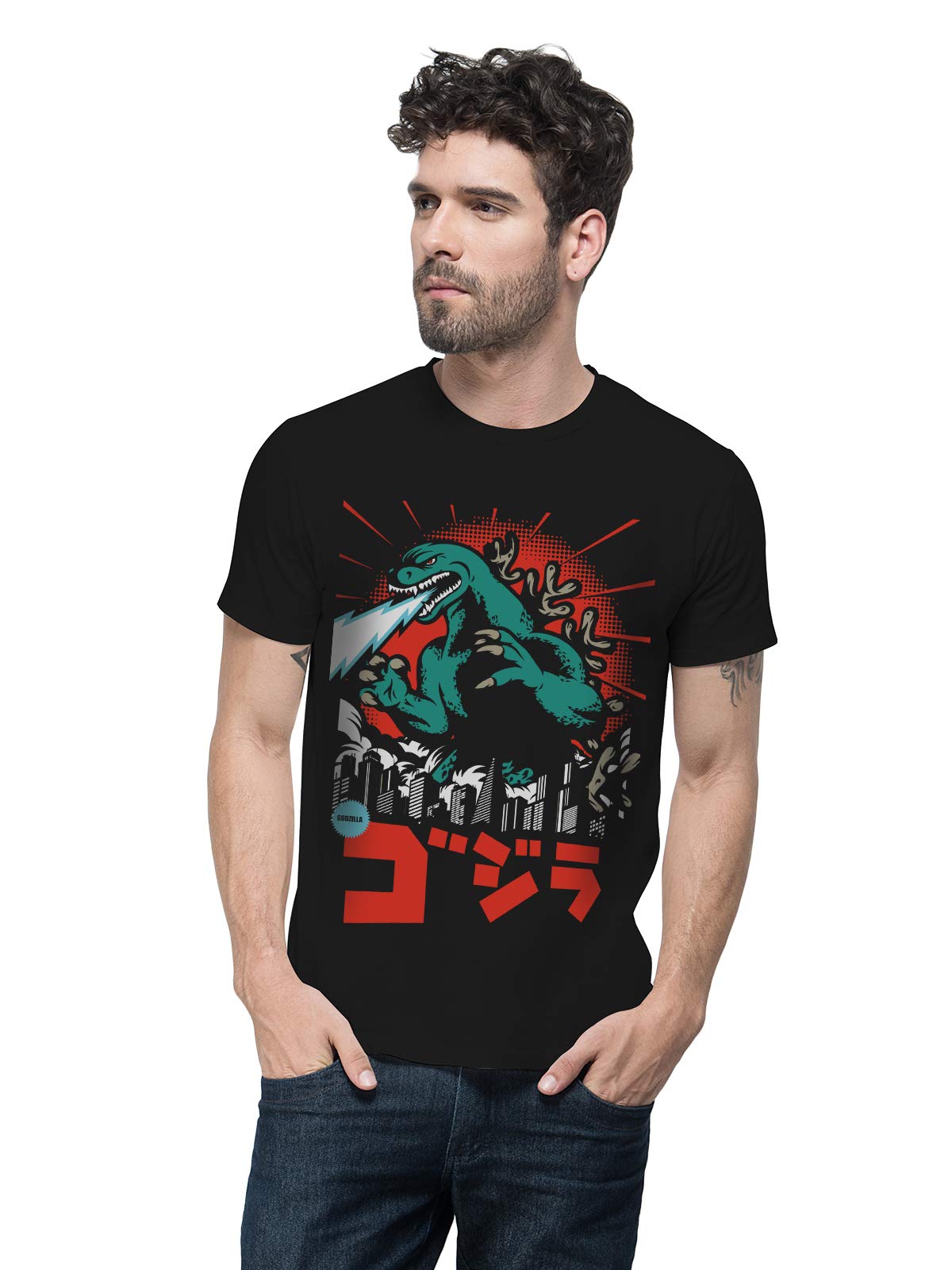 THREADCURRYGodzilla | Animal Monster Japan Retro Cotton Graphic Printed Tshirt for Men Black