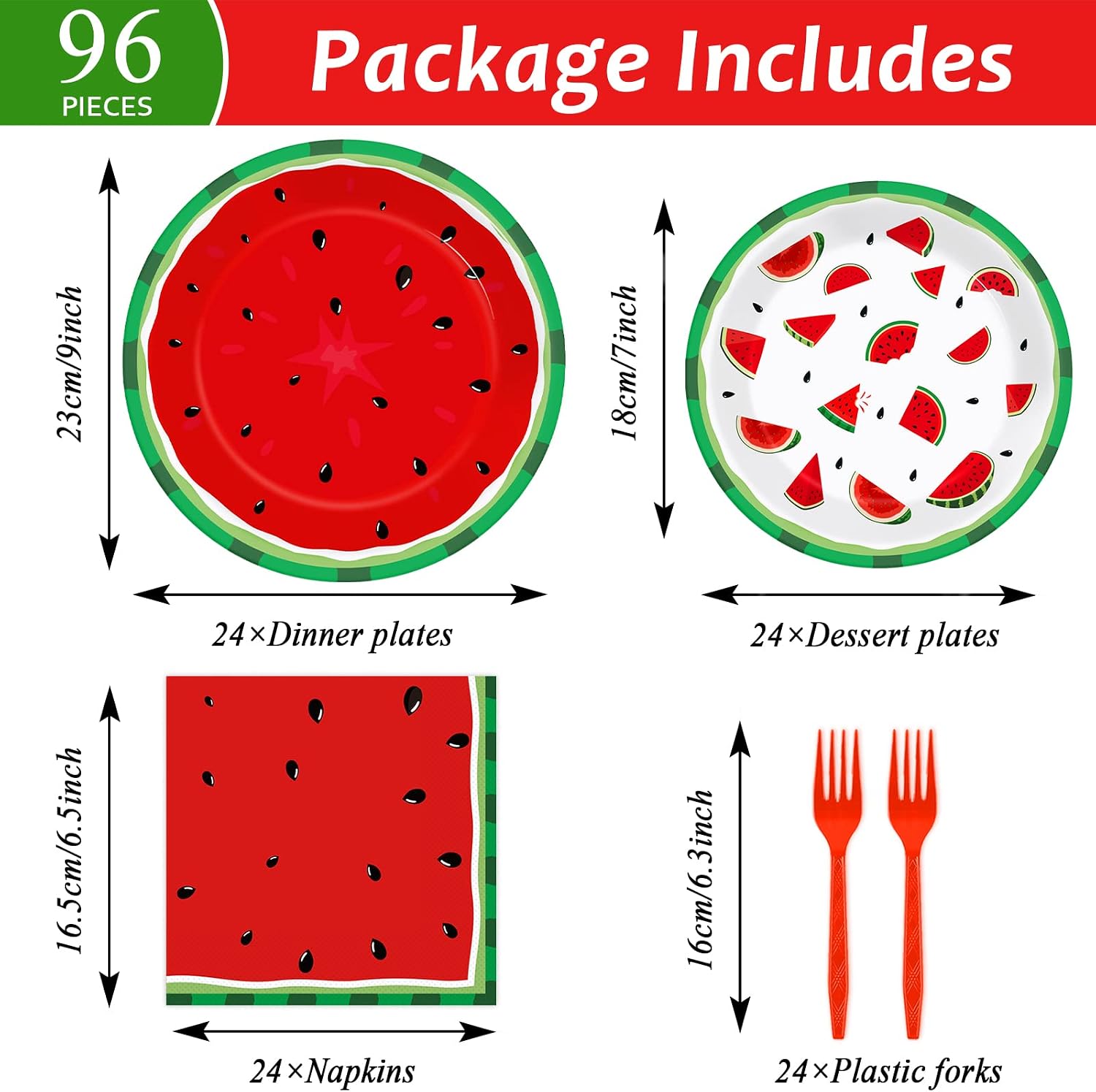 gisgfim 96 Pcs Watermelon Party Supplies - Paper Plates, Napkins, Tableware Set, Decorations & Favors for Children's Melon Birthday or Baby Shower - Serves 24
