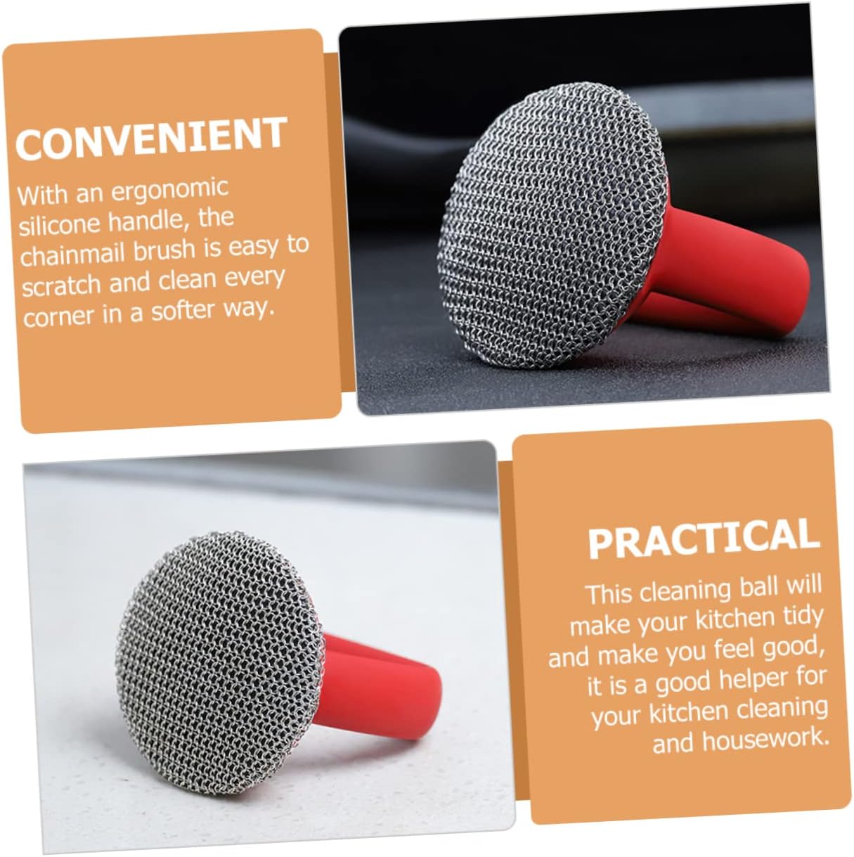 Outanaya Long Handle Brush Steel Ball Brush Metal Mesh Scraper for Cast Oven Skillet