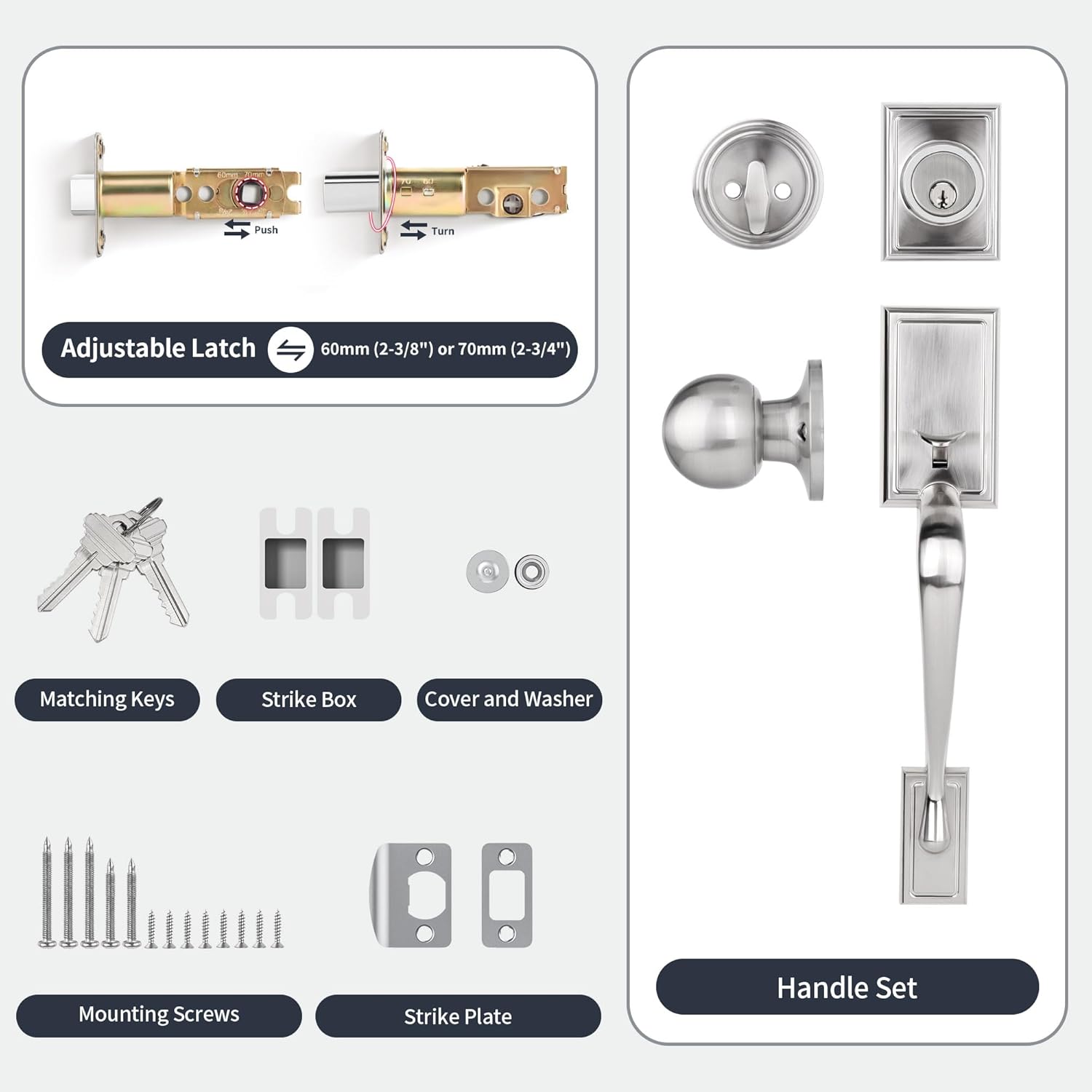 Front Door Handleset with Deadbolt – Satin Nickel Entry Handle Set with Interior Door Knob, Keyed Single Cylinder Lock, Reversible, Fits 1-3/8"–1-3/4" Doors
