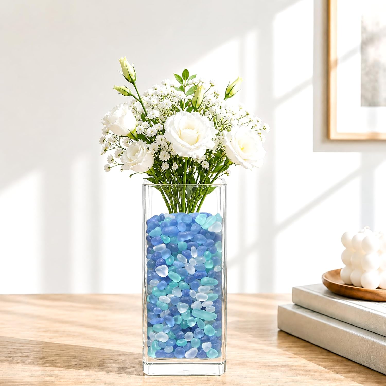 QYGL Blue Mixed Sea Glass Stones, Frosted Glass Pebbles - 3LB/48oz | Frosted Glass Gemstones Marbles for Vase Filler, Plant Pots, DIY Crafts, Aquarium Rocks Fish Tank Gravel and Table Decor