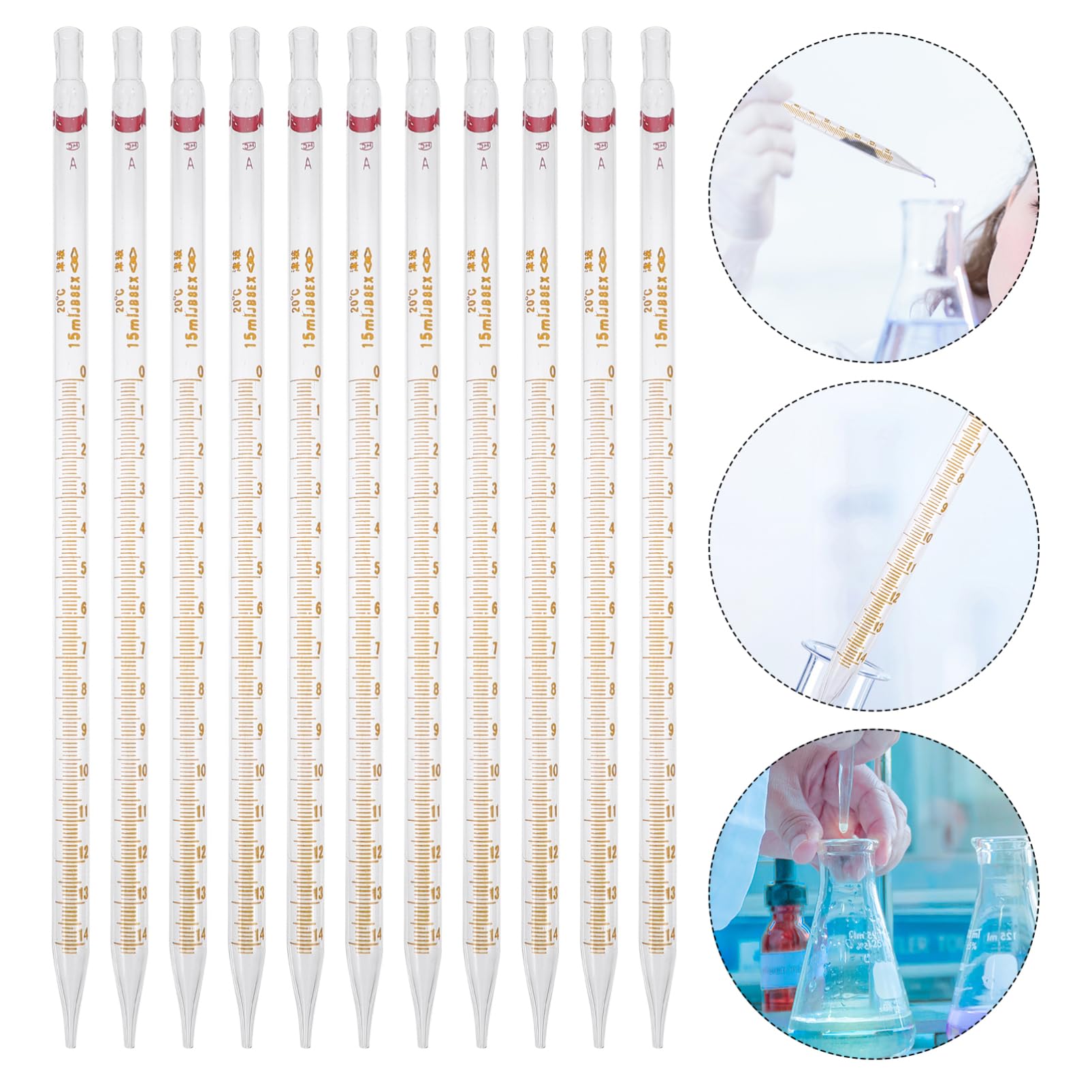 20 Stück Kalibrierte Glaspipetten mit Gerader Spitze Graduierte Pipetten aus Glas 15ml Fassungsvermögen Spülmaschinenfest für Laborbedarf Geeignet Zufällige Farbe