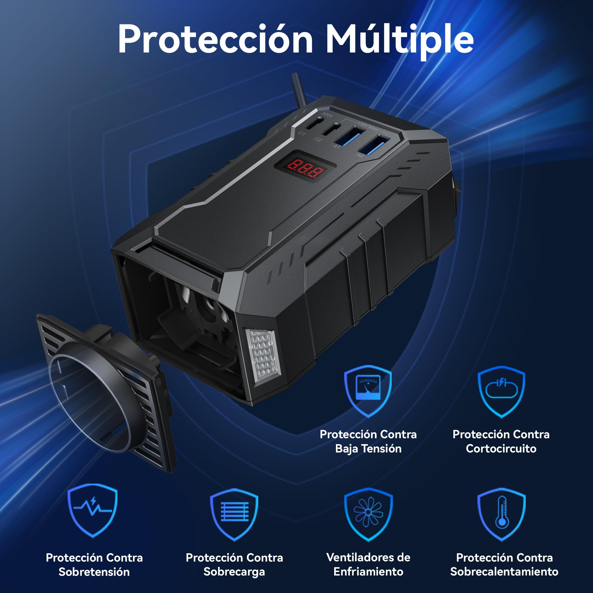 BESTEK Inversor 12v a 220v 400W Conversor para Coche Onda Sinusoidal Transformador con 4 Puerto de Carga y 1 Toma de AC, Adaptador de Mechero Coche para Portátil, Movíl