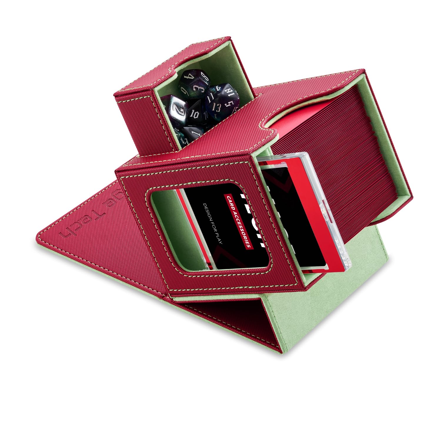 Mage Tech Card Deck Box for MTG Commander - Patented Design, Commander Display, As Deck Holder, Fits 100 Double-Sleeved Cards, Include 35pt Card Brick & Dice Tray - Red/Green โ image 1