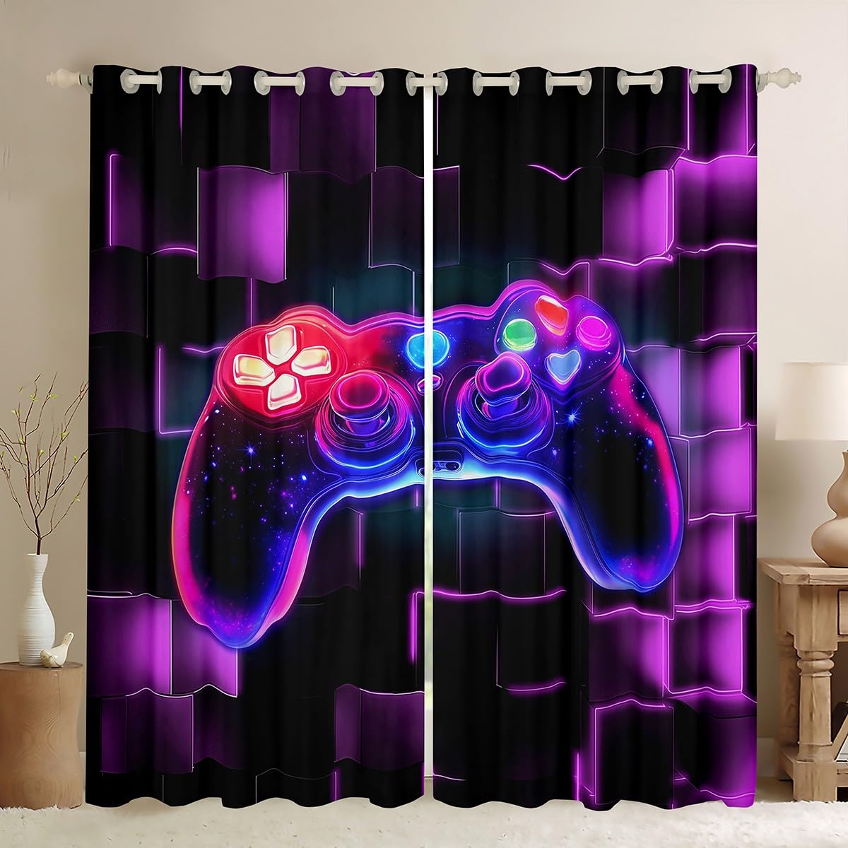 Homewish Rideau Gamer Violet, Rideaux Voilage Enfant Gaming Deco Chambre Ado Garcon, Rideau Occultant 30%-50% Jeux Vidéo, Voilage Fenetre Carrée Géométrique Lumineuse Au Néon, 117x183 cm Lot de 2