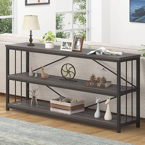 Miniatura 16 de LVB Mesa Consola Industrial de Granja, Mesas de Sofá de Entrada de Metal y Madera con Almacenamiento, Mesa de Entrada Rústica Larga de 3 Niveles