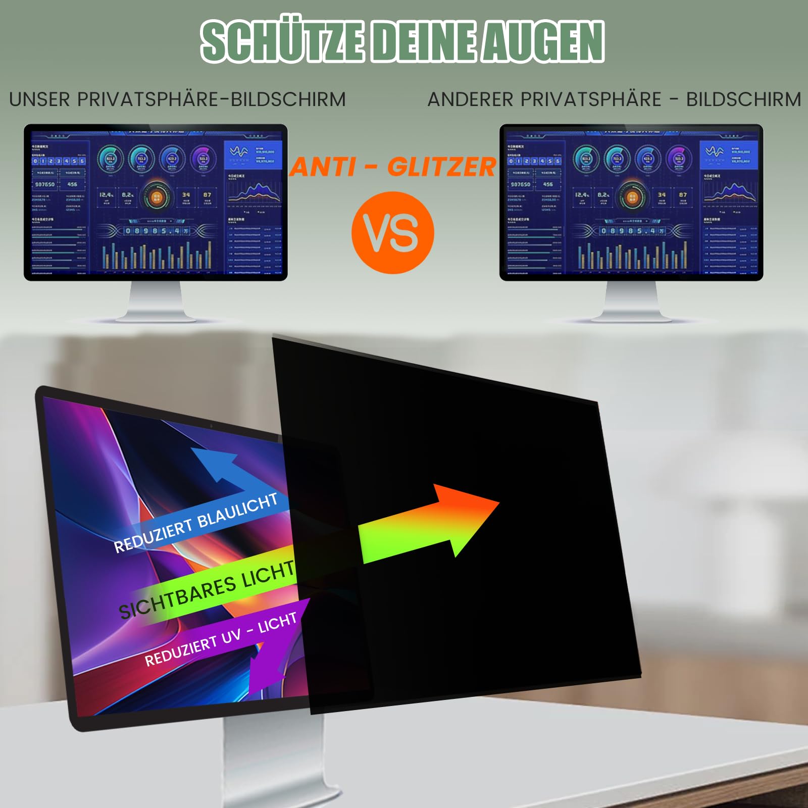 Blickschutzfolie für 27 Zoll 16:9 Monitor, Abnehmbarer Sichtschutzfilter mit Blaulichtfilter, HD Privacy Screen mit Anti-Glare & Blendschutz,Breite x Höhe: 598 mm x 337 mm