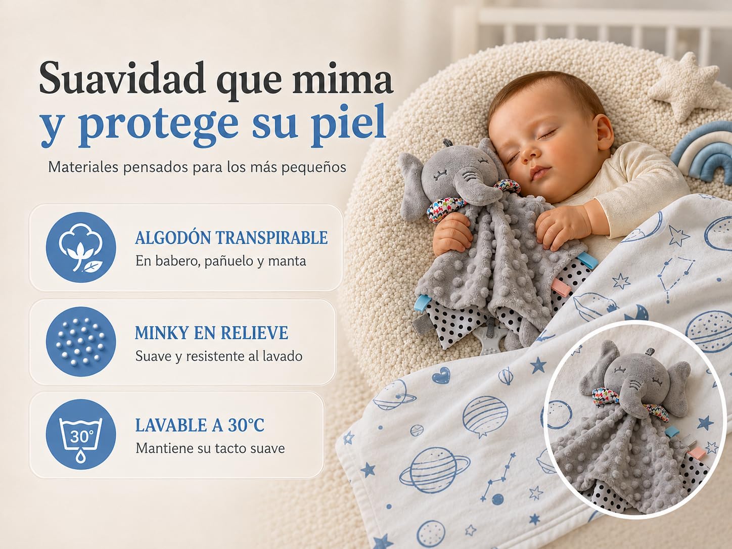 Canastilla Bebé Recién Nacido - Cesta Bebé Recién Nacido Niño – Incluye: Doudou Bebe, Sonajero, Portachupetes, Manta, Babero y Otros Textiles Esenciales algodón 100% orgánico hipoalergénico