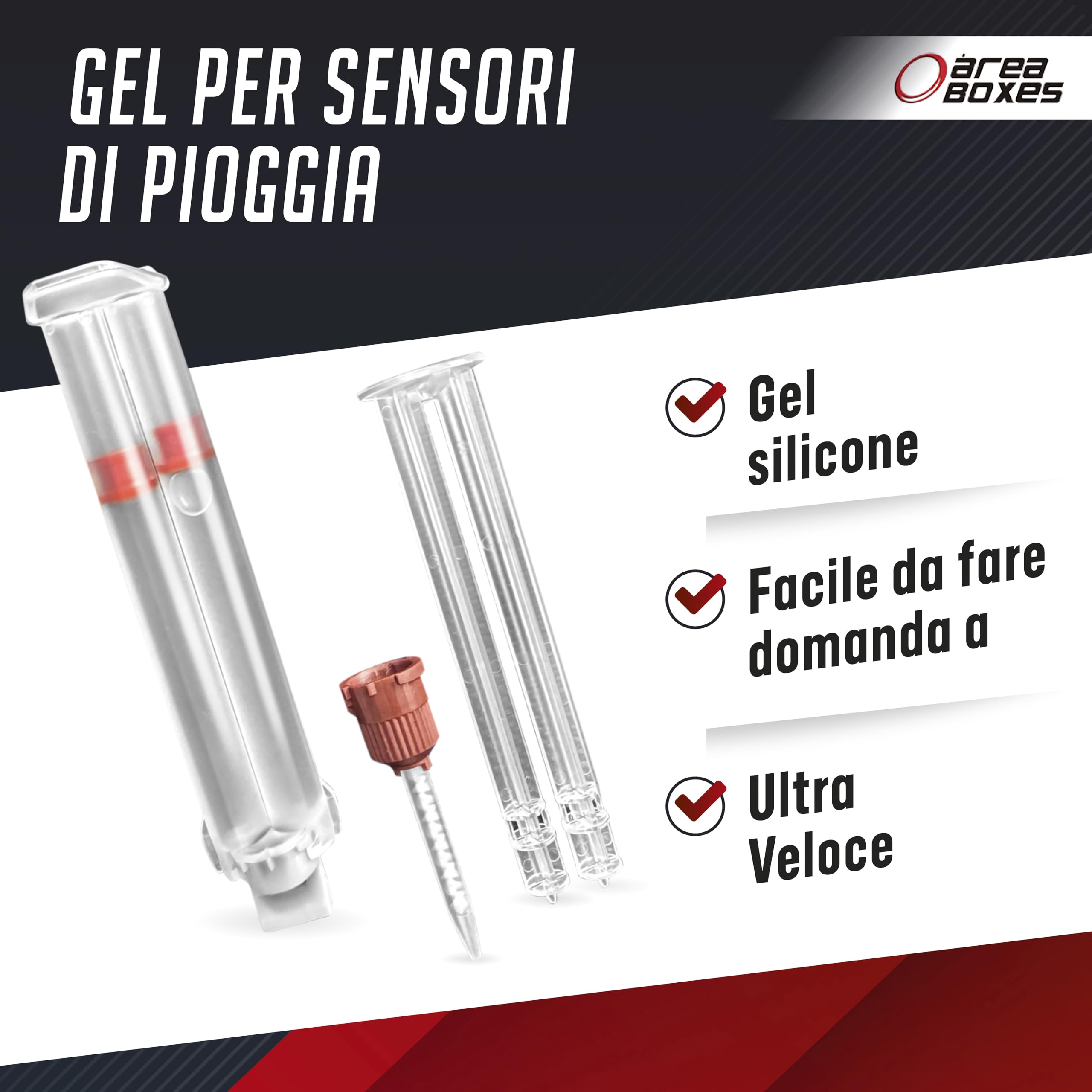 Gel adesivo per riutilizzare il sensore di pioggia di qualsiasi parabrezza/lunotto di qualsiasi auto. Silicone altamente trasparente. Bicomponente a presa rapida, non tossico. Finitura originale
