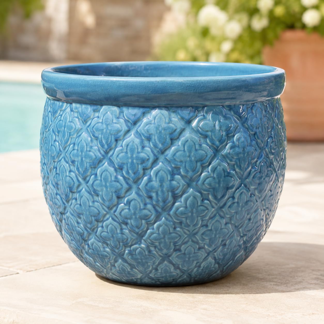 Palatina Werkstatt Azur Occitanie - Vaso per piante in ceramica smaltata, grande, turchese/blu, realizzato a mano, smaltato con foro di drenaggio, vaso resistente al gelo, per terrazza, giardino e