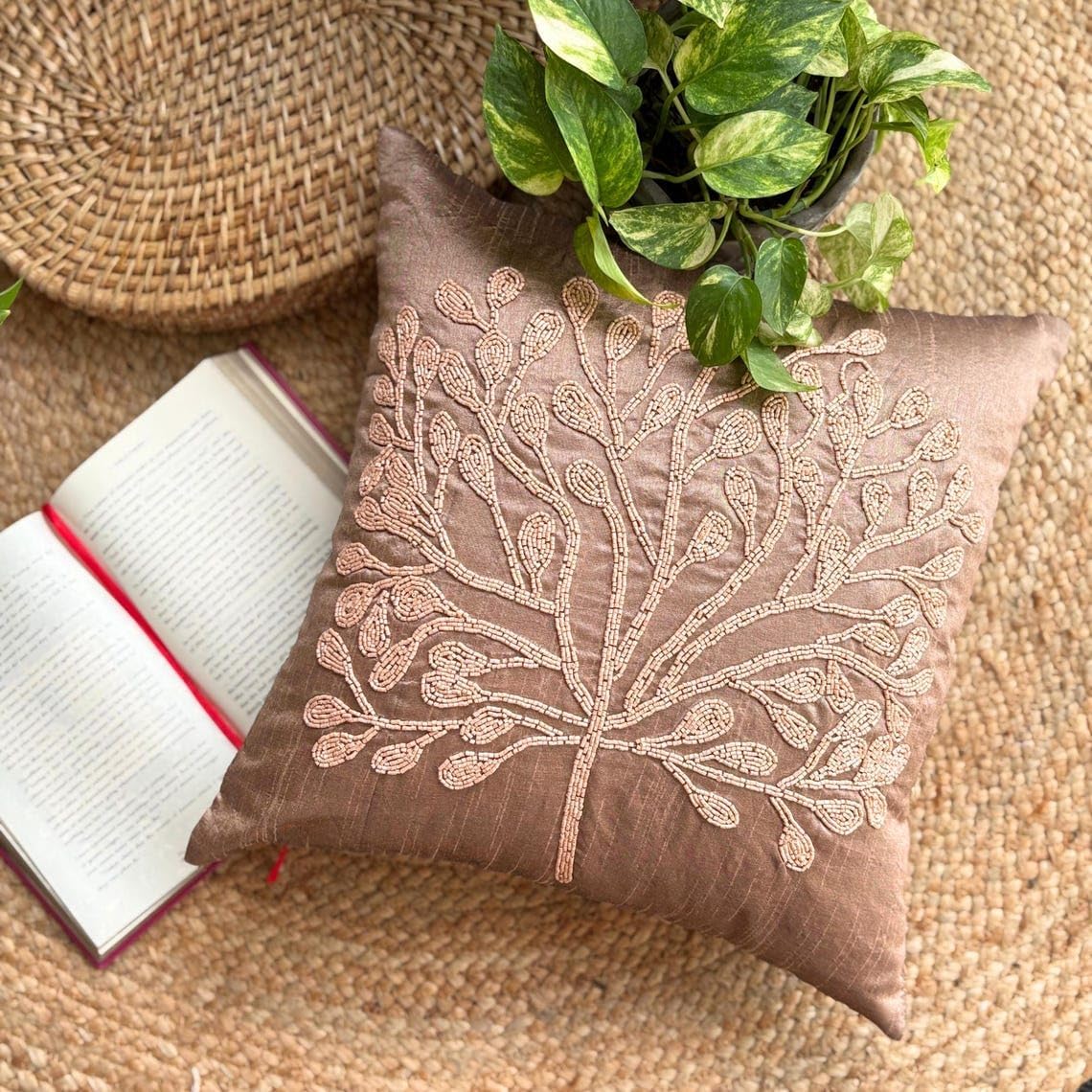 The HomeCentric Euro Pillows, Decorative Dark Peach Euro Shams 26x26 inch (65x65 cm) Silk European Shams, Nature & Floral, Tree, Beaded, Contemporary Euro Size Pillow Covers Easter - My Wish Tree