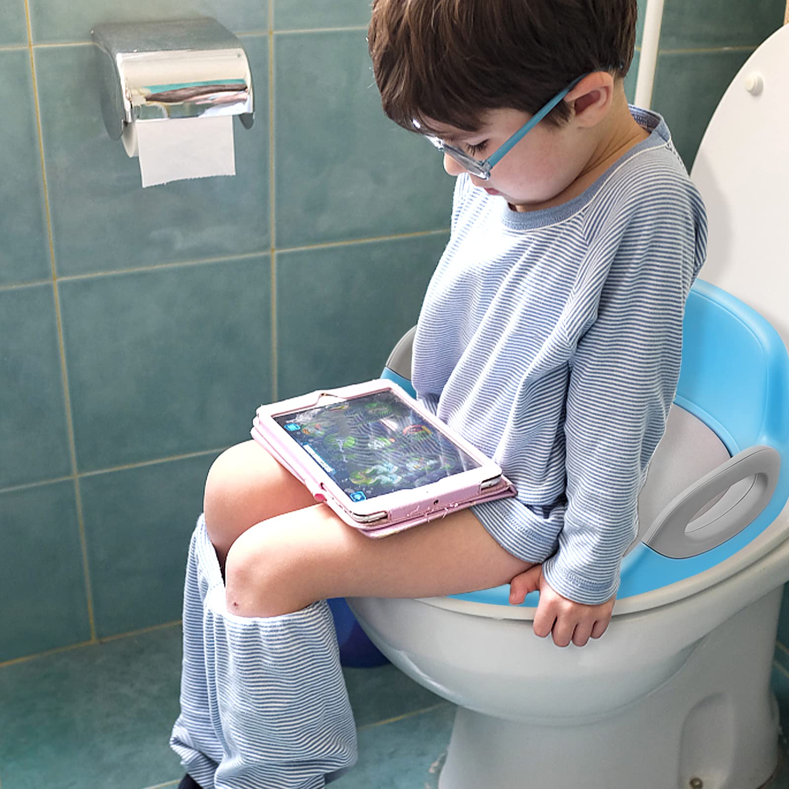 ACXIN Sedile WC per Bambini, Cuscino e Schienale per WC Rotondo e Ovale, Blu + Grigio