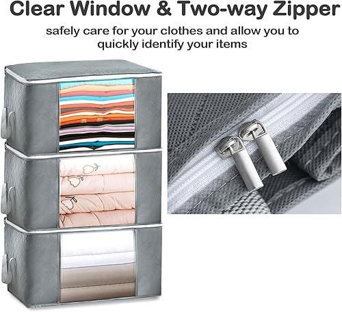 Miniatura 5 de Paquete de 6 bolsas de almacenamiento de ropa, 90 L, organizadores plegables de gran capacidad con asas duraderas de cremallera para edredones,