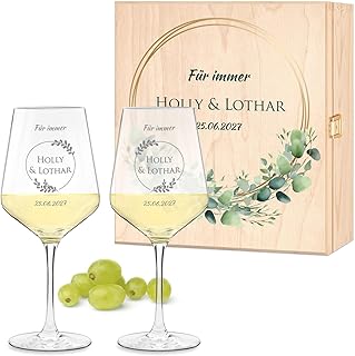 Maverton 2er Weingläser Set mit Gravur in Holzkiste - 490 ml Wein Gläser Set mit Namen und Datum - Hochzeitsgeschenk - personalisierte Geschenke für Paar zur Hochzeit zum Hochzeitstag