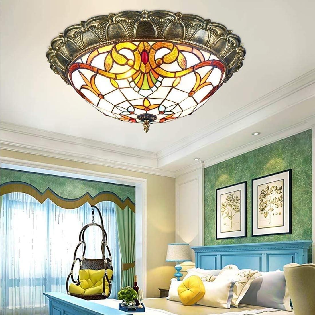 Plafones LED Tiffany antiguo techo Salón pastoral barroco lámpara de techo vendimia dormitorio regulable Mediterráneo Luz Vidriera Sombra Decorativa Oficina Comedor Cocina sala de estar Lámpara, Ø52cm