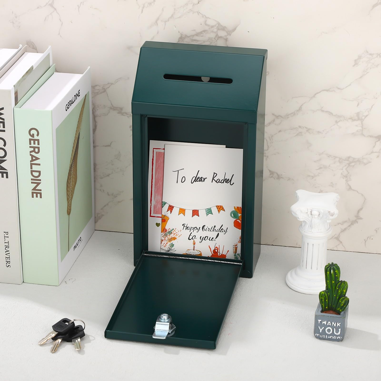 Metal Donation Box with Lock Slot 10.2 x 5.7 x 3'' Collection Box Safe Suggestion Box Charity Collection Donation Box Money Lock Box Cash Drop Box Money Boxes for Home Office Outdoor Door (Green) - Image 4