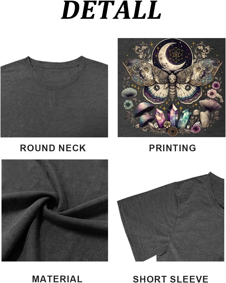 Women Vintage Moth T Shirts Mystical Moon Cottagecore Shirts Funny Witchy Graphic Tees Short Sleeve Tops - Image 5