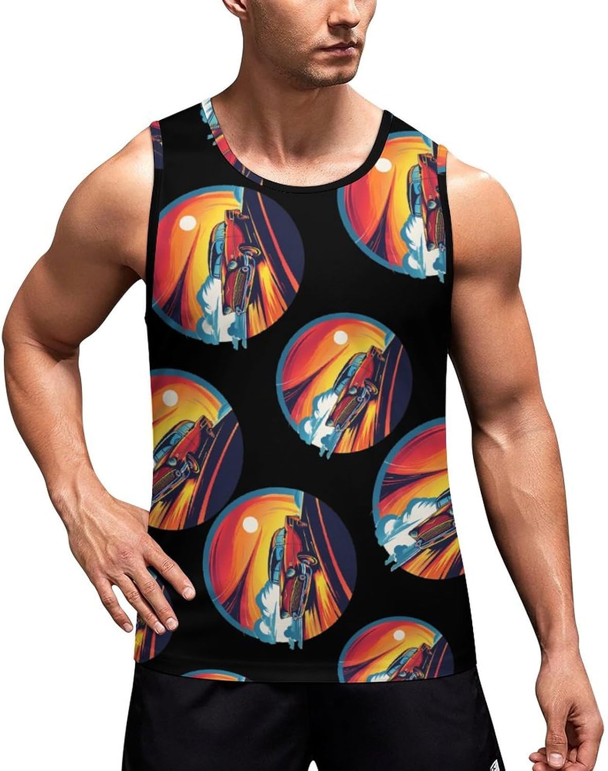 Vintage Sunset Car Drifting Men's Tank Top Sleeveless Muscle Shirts Vest Beach T Shirts for Workout Gym