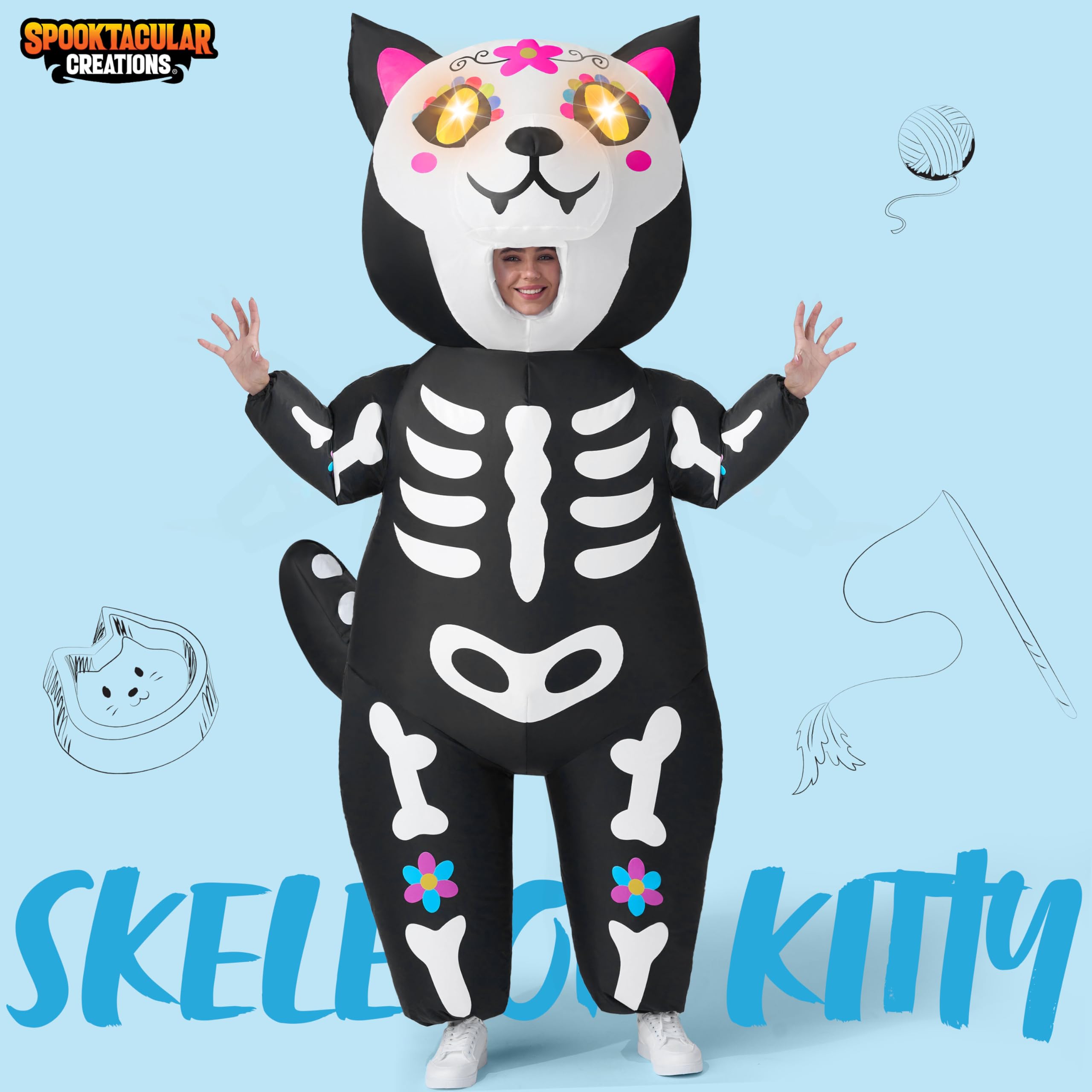 Spooktacular Creations Nadmuchiwane kostiumy na Halloween dla dorosłych, z oczami LED, szkielet, kot, dmuchany kostium dla kobiet, na całe ciało, nadmuchiwany kostium na Halloween, imprezy cosplay