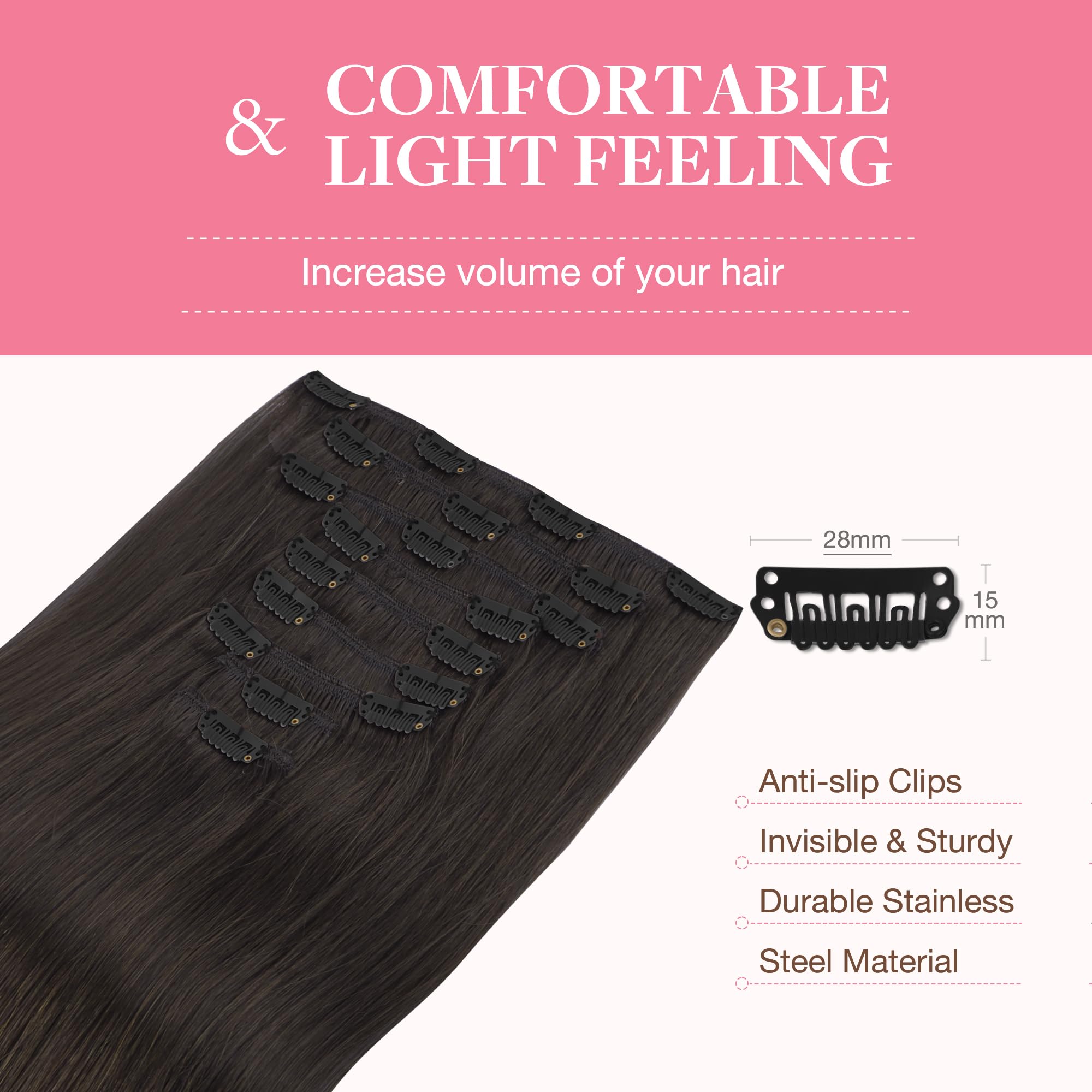 GOO GOO Clip in Hair Extensions Human Hair, 18inch 150g 9Pcs, #2 Dark Brown, Hair extensions for women, Human Hair Extensions Clip in — view 6