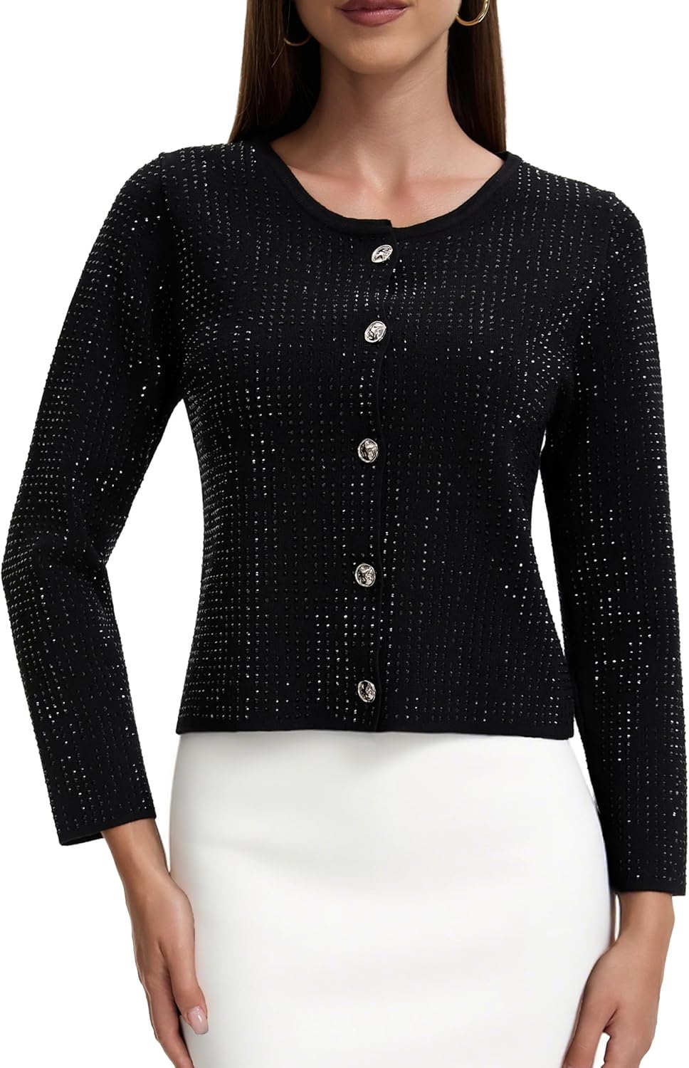 Froggirl Women’s Long Sleeve Round Neck Button Down Cardigan Sweater with Sparkle Rhinestone – Elegant Knit Top