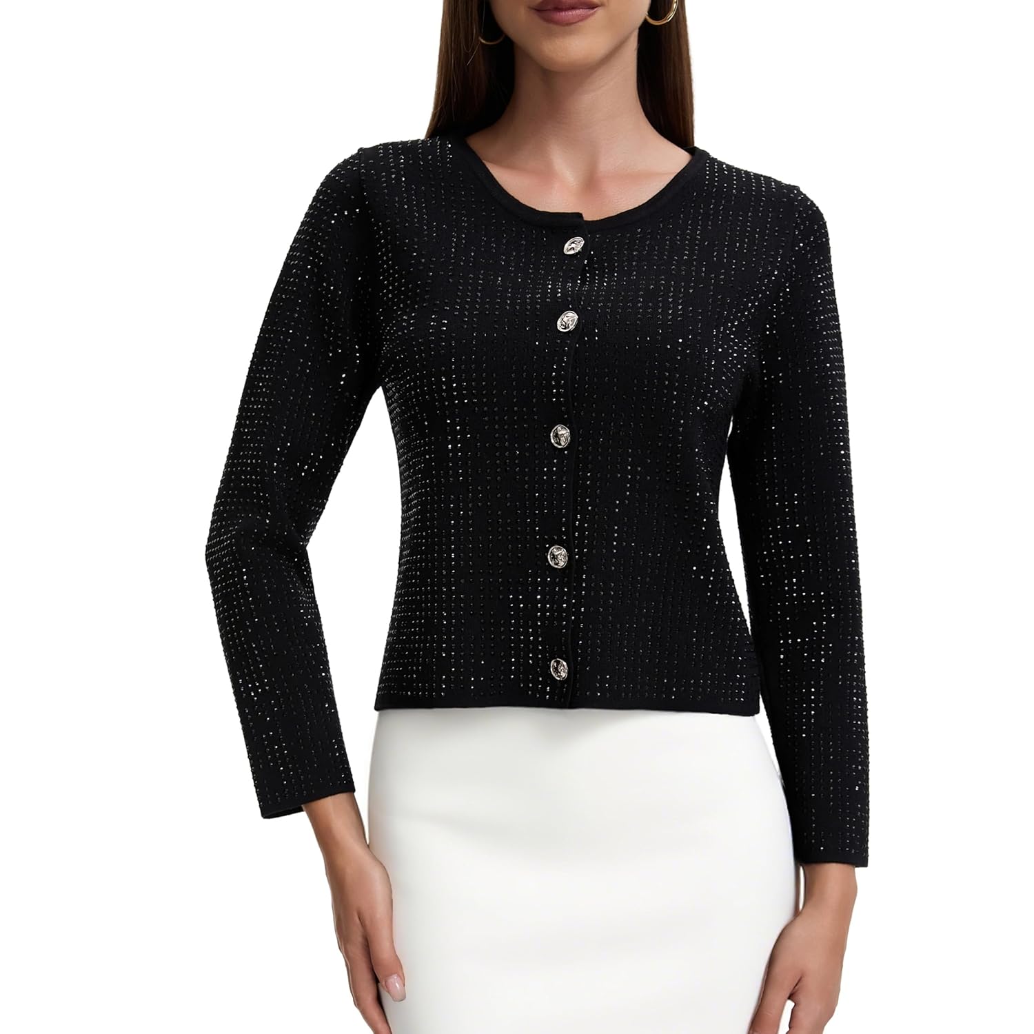 Froggirl Womens Long Sleeve Round Neck Button Down Cardigan Sweater with Sparkle Rhinestone Elegant Knit Top