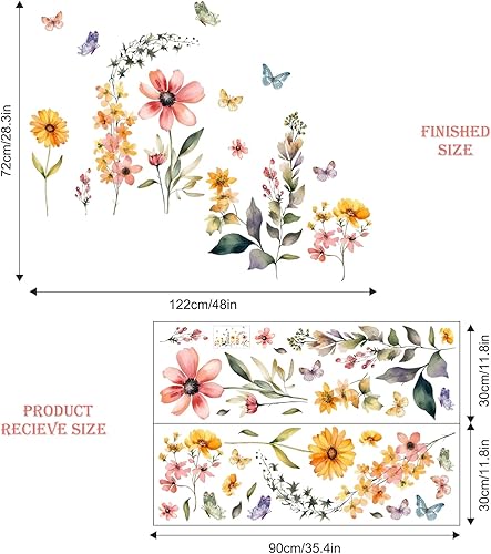 Miniatura 6 de Supzone Calcomanías de pared de flores de jardín, coloridas flores silvestres, calcomanías de pared de vinilo para despegar y pegar, para sala de