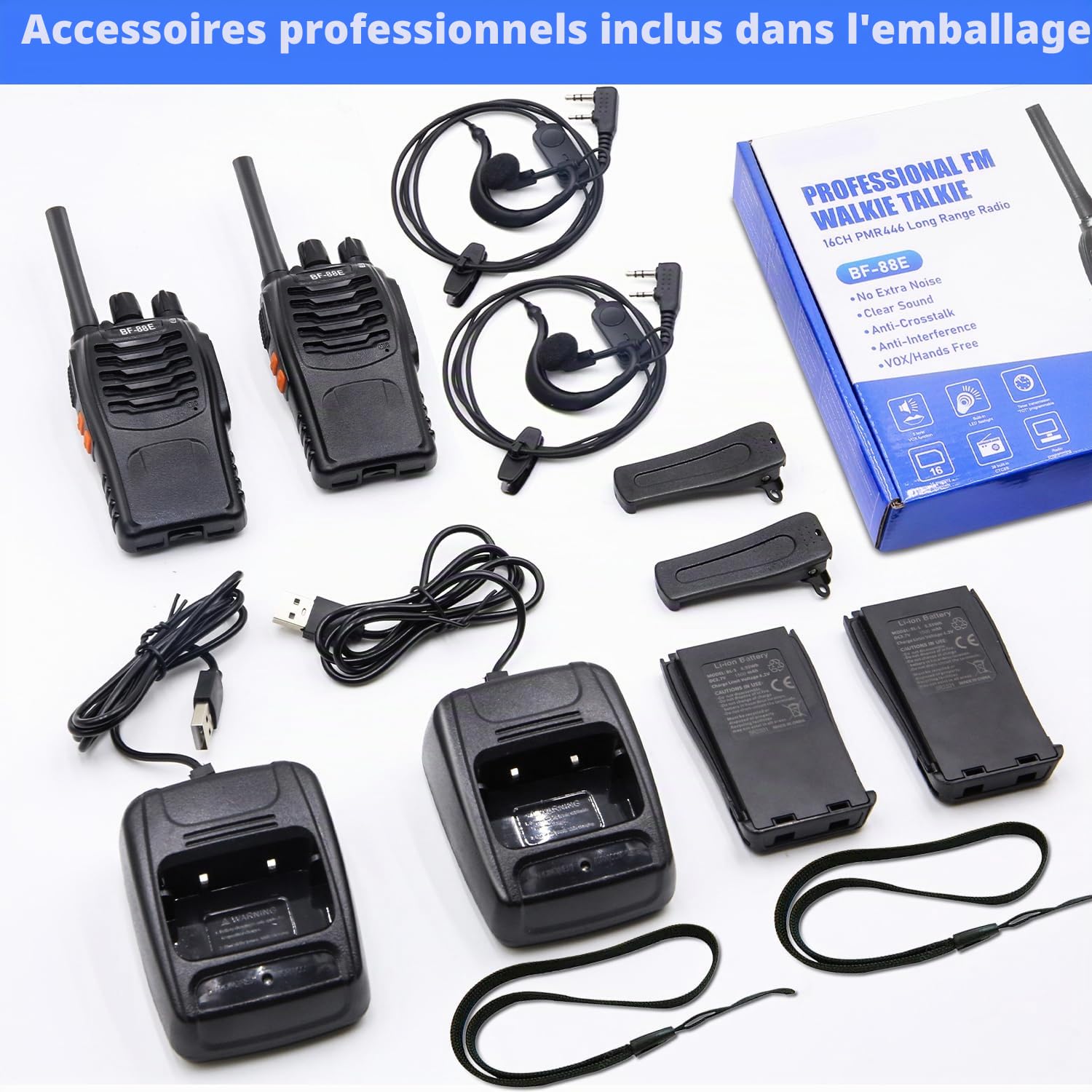 Nestling 2pcs Talkie Walkie,88E Longue Distance 16 Canaux Deux Voies Radio - FM Émetteur-récepteur de Poche avec LED Lumière Écouteur et Écouteurs Originaux