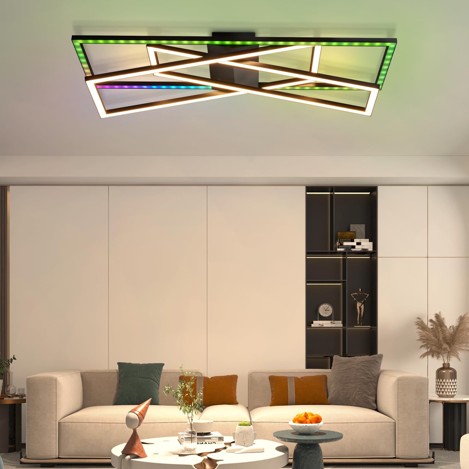 Homefire Deckenlampe Wohnzimmer LED Deckenleuchte RGB Schwarz 36W Dimmbar | Wohnzimmerlampe Farbwechsel Modern Schlafzimmerlampe mit Fernbedienung Metal Deckenleuchten Rechteckig für Jugendzimmer Büro