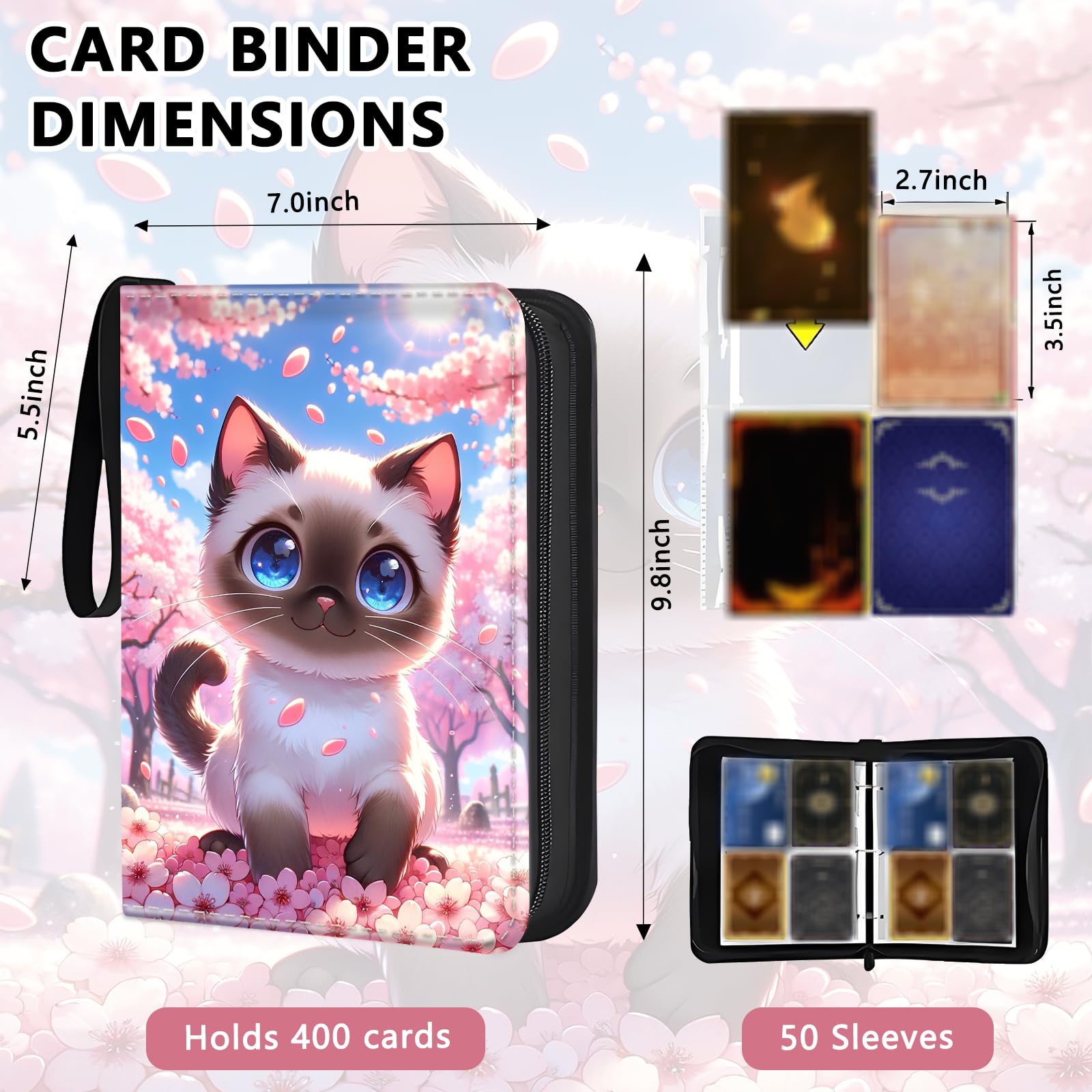 Carpeta de 4 bolsillos para tarjetas coleccionables con 50 fundas extraíbles, almacenamiento con cremallera de 400 capacidades para MTG, TCG y tarjetas deportivas (lindo gato debajo del cerezo)
