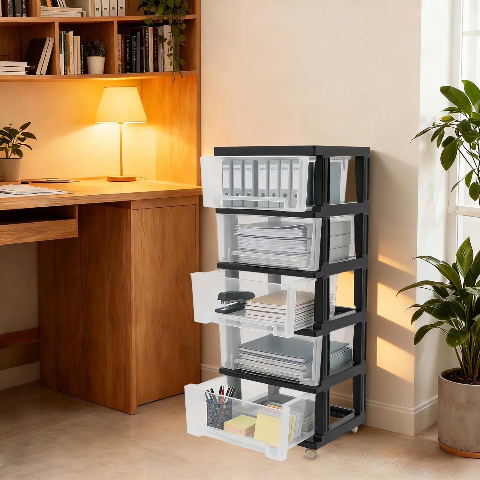 Cassettiera in plastica a 5 ripiani, 40 x 33 x 98 cm, contenitore trasparente arrotolabile, maniglie per la conservazione di libri, corsi, documenti, accessori (nero)