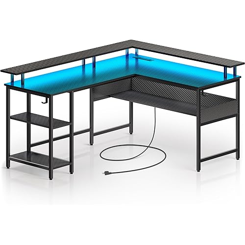 Rolanstar Computer Desk 56.7" with LED Lights and Power Outlets, Carbon Fiber Surface, Reversible L Shaped Gaming Desk with Monitor Stand, Office Desk with Storage, Desk with USB Port and Hook